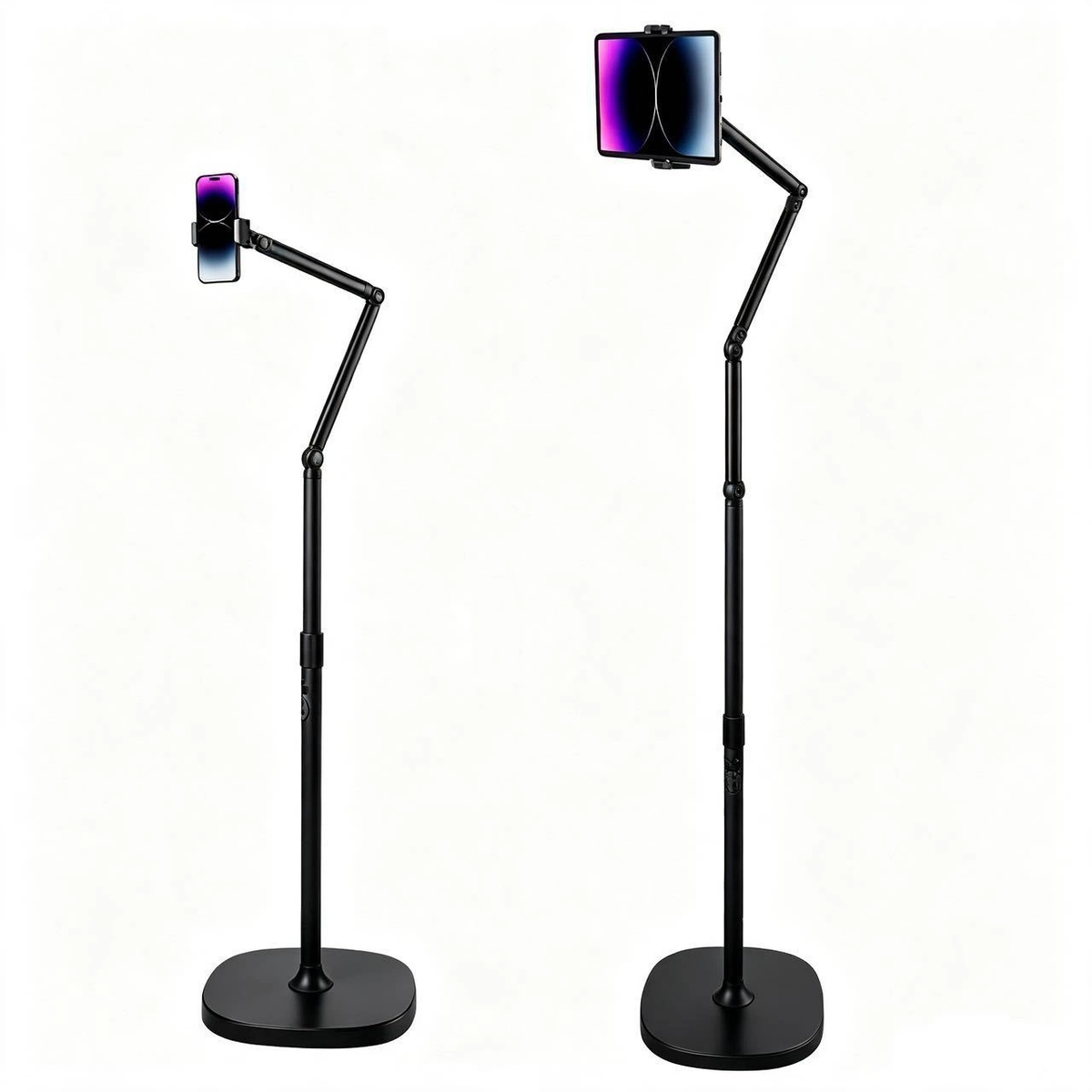 Tablet Floor Stand with Weighted Base, Dual Articulated Arm Adjustable Floor Tablet Holder for Live Streaming, Reading & Bedroom